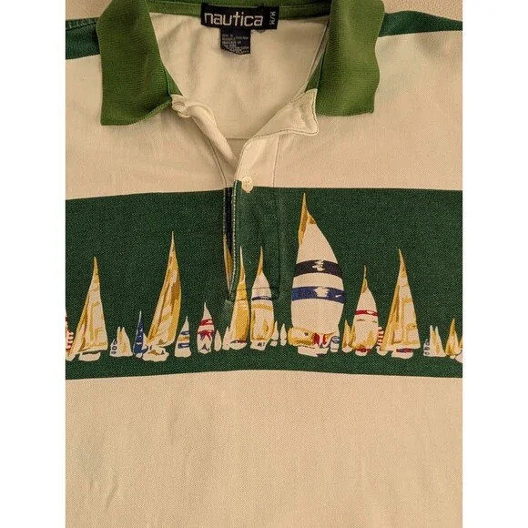 Vintage Nautica Sail Boats Vertical Striped Polo Shirt Green White M - Picture 3 of 9